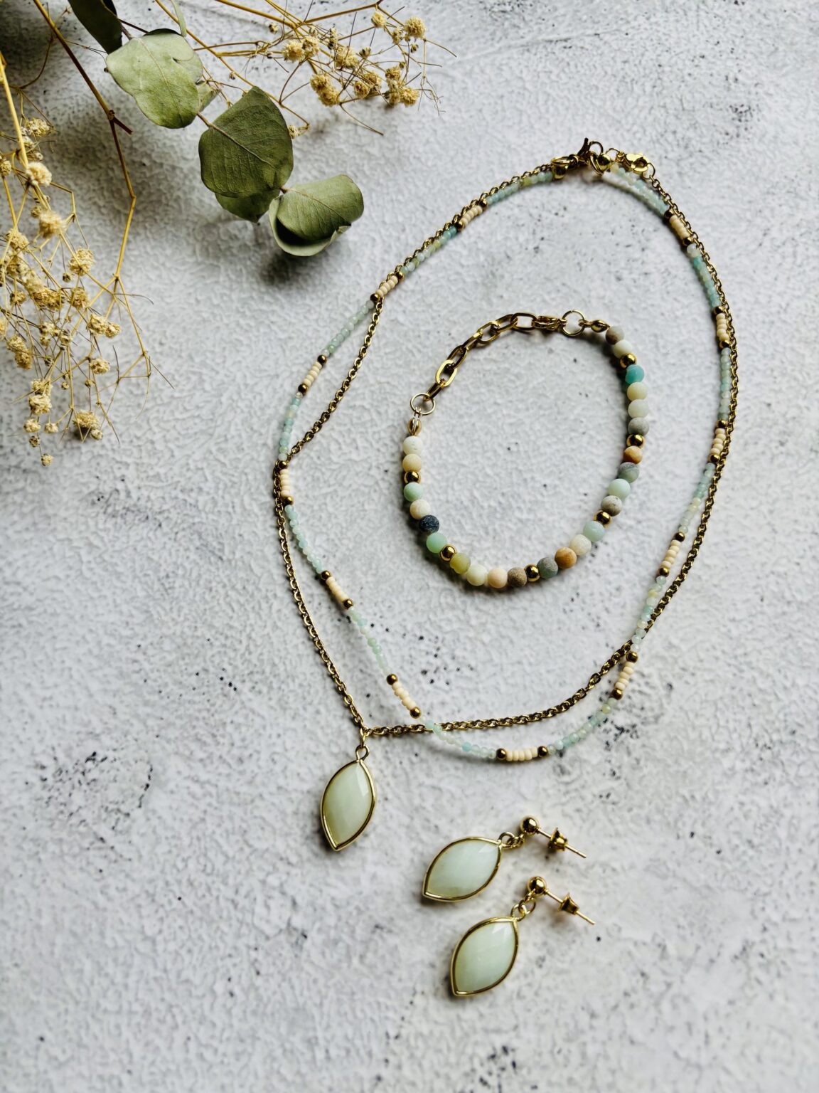 Set Amazoniet- ketting, armband en oorbellen